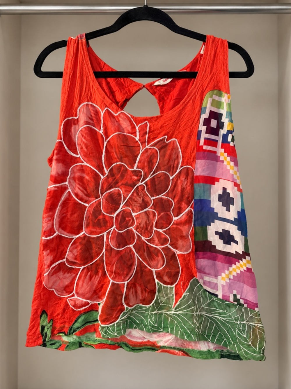 Desigual Red Orange Floral Patchwork Sleeveless Top | XL